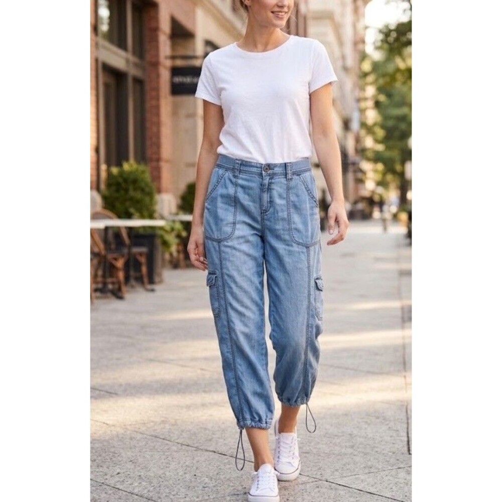 Style & Co Light Wash Denim Drawstring Cinch Hem Cargo Capri Pants Sz 8 Y2K